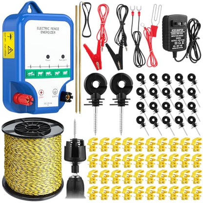 MorningRo 8 Mile Electric Fence for Livestock, 12kv 2j Electric Fence Charger, 3366 ft Polywire, 40 T Post Insulator, 20 Screw in Insulator for Horse Cattle Pasture