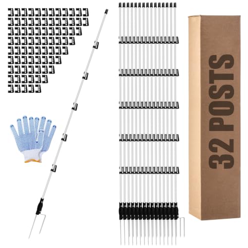78 Inch / 6.5 Ft Fiberglass Electric Fence Posts, 32 Pack with Double Spikes & 160 Clips - Heavy Duty Farm Garden Livestock Fencing | Holds Wire/Tape/Rope - color: White, size: 78" 32 Posts-160 Clips