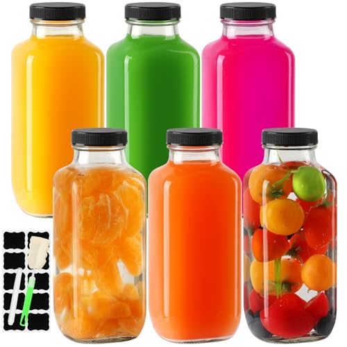 Glass Juice Bottles with Lids 16 oz - 6 Pack Reusable Drink Jars Containers with Labels and Brush for Juicing, Water, Milk, Kombucha, Smoothies - size: 16 Ounces