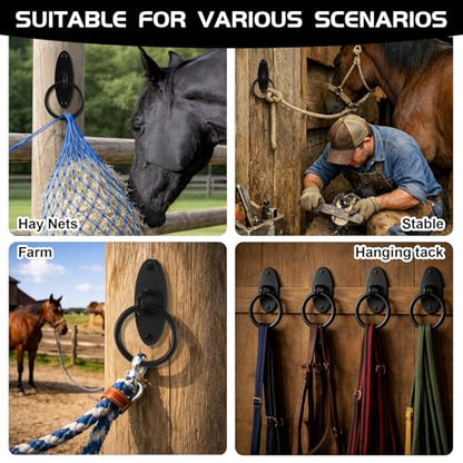 Fumete 4 Pcs Horse Tie Rings, Solid Steel Cross Tie Rings with Screws & Expansion Anchors, Wall Mount for Barn Stall Fence Concrete Trailer Grooming, Cross Tying & Tethering, Black (Oval)