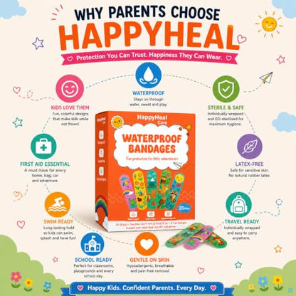 Waterproof Self-Adhesive Bandages, Sterile & Individually Wrapped, Fun Cartoon Designs, Latex-Free, Hypoallergenic, 4-Sided Seal, First Aid for Minor Cuts, Scrapes & Wounds
