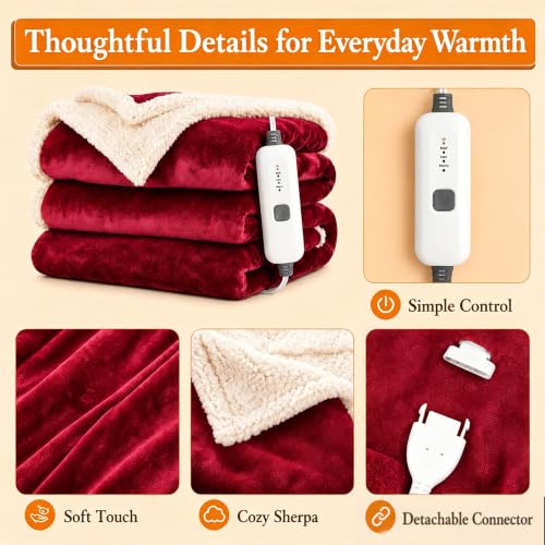 Electric Heated Blanket 72"×84" Full Size, Sherpa & Snuggly for Living Room, Sofa, Study, 4 Heat Settings & 10H Auto-Off, Energy Efficient, Machine Washable, Bright Red - color: 08-red, size: Full Size ( 72"x84" )