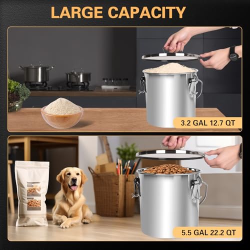 21L/5.6GAL and 12L/3.2GAL Stainless Steel Airtight Canister, Food Storage Canisters with Lid&Locking Clamp for Rice Flour Sugar Grain Coffee Bean Storage Containers (12L & 21L,2 CANISTERS)