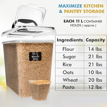 Shazo 2 PC (11L | 372 oz) Flour Sugar Storage Containers with Spout Lid & Easy Carry Handle - BPA Free Extra Large Airtight Food Storage Containers with Lids - Rice Canisters Sets for Kitchen & Pantry - color: Black
