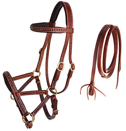 Horse Western Leather Tack Studded Bitless Sidepull Bridle Reins 77RS03 - color: Tan