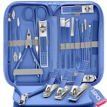 Manicure Set 16Pcs Nail Clippers Set Manicure Kit Professional Stainless Steel Pedicure Kit Nail Care Kit for Women Men with Luxurious Travel Bag, Suitable for Home, Travel, and Salon (Blue) - color: 16Pcs-Blue