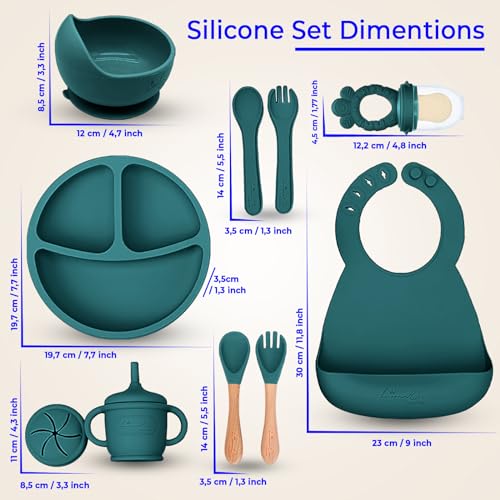 Silicone Baby Feeding Set, Suction Plates Bowls Bibs for Self Feeding Green | Baby Led Weaning, BPA-Free Suction Plates and Bowls, Baby Spoons Forks, Independent Eating, Easy Clean - color: Green Spruce