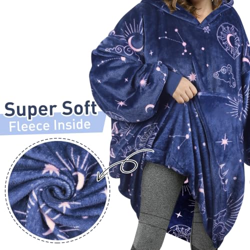Catalonia Oversized Blanket Hoodie, Astrology Print Fleece Wearable Blanket - color: Astrology Navy