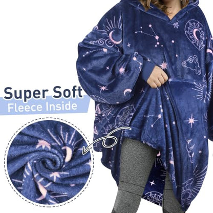 Catalonia Oversized Blanket Hoodie, Astrology Print Fleece Wearable Blanket - color: Astrology Navy