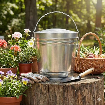 6-Gallon Galvanized Steel Round Trash Can with Locking Lid — Food Storage Container for Dry Goods, Indoor/Outdoor Use