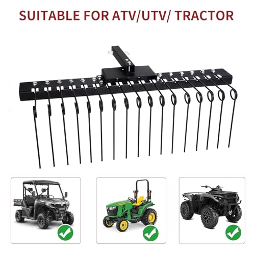 48" Durable Pine Straw Rake Steel Spring Landscape Rake Fits 2" Receiver for Lawn Tractors or ATV/UTV Black