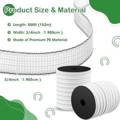 2 Rolls 500 ft x 3/4 Inch Electric Fence Polytape for Horse Livestock Cattle, High Visibility Electric Fencing Tape for Farm Temporary Horse Fence (White) - size: 500ft x 3/4in