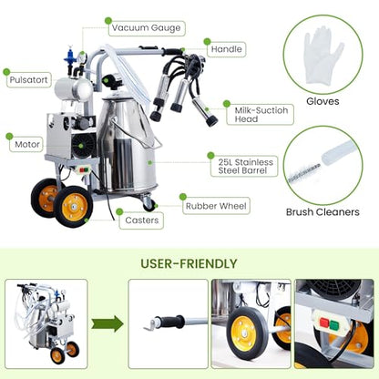 Cow Milking Machine Portable, 55KPA 15000 RPM Electric Milker Machine | Milking Equipment with 25 L/6.6 gal Stainless Steel Bucket 5-8 Cows Per Hour with Silicone Cups and Tubes for Cows and Goats