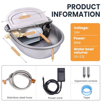 Heated Automatic Water Bowl for Dogs and Chicken, 24V Pet Thermal-Bowl with Float Valve Heated Automatic Waterer for Large Dogs Livestock Poultry