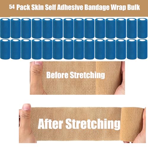 54 Pack Blue Self Adhesive Bandage Wrap Bulk 4 Inch x 5 Yards Cohesive Bandage,Vet Wrap Breathable Elastic Self-Adherent Tape for Stretch Athletic Sports Wrist Ankle Dogs Pet Vet Wrap - color: Blue