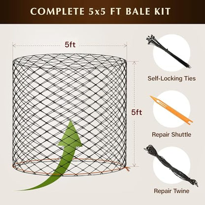 5x5 ft Round Bale Hay Net for Horses – 2 Inch Hole Slow Feeder – 4x4 and 6x6 Sizes Also Available – Knotless Mesh Design – Easy to Put On Over Bales – Built for Everyday Horse Feeding - size: Bale Size 5x5 FT