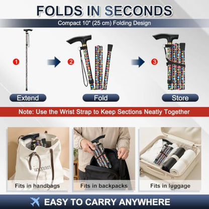 supregear Folding Cane, 5-Level Adjustable Height Walking Stick Lightweight Collapsible Portable Travel Cane with Wrist Strap and T Handle for Elderly Disabled Men Women - color: Black Polka Dots