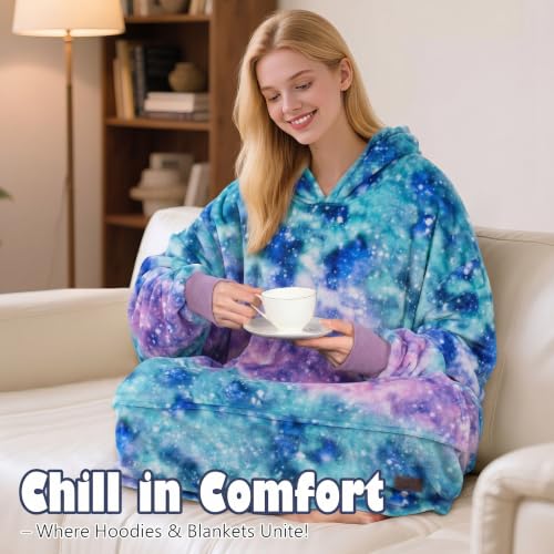 Catalonia Oversized Blanket Hoodie, Galaxy Print Fleece Wearable Blanket - color: Galaxy