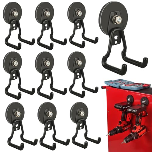 ULIBERMAGNET New Upgraded Large Magnetic Hooks,Strong Heavy Duty Magnet Hooks for Power Drill,Broom,Garden Tools, Pegboard, Garage, Workshop,Hardware, 10 Pack Magnet Storage Holder for Hanging(Black) - size: 10PC 2.59inch Black Magnetic Hooks