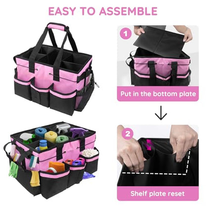 ZKOO Large Cleaning Caddy Bag with Handle, Built-in Sturdy Support Board, Adjustable Shoulder Strap, Multi-compartment Design Cleaning Supply Tote for Cleaners & Housekeepers (Pink) - color: Pink