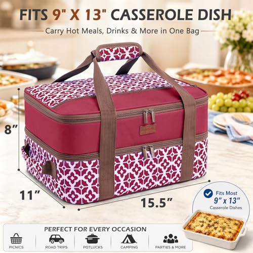 BAGSPRITE Double-Layer Insulated Casserole Carrier for 9" x 13" Baking Dish - color: Cranberry