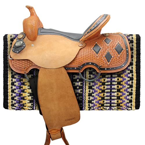 Tahoe Tack 34" x 38" Livia New Zealand Wool Western Show Saddle Blanket Pad - color: Black/Gold/Purple/Tan/White