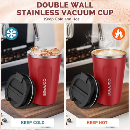 MOMSIV 12oz Travel Coffee Mug, Insulated Coffee Cup with Leakproof Lid - color: A-Red-12oz