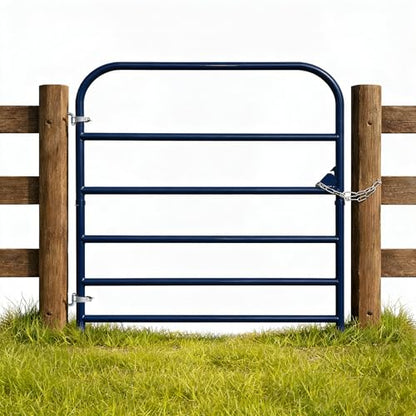 4 ft W x 50 in H Farm Gate, 6-Bar Steel Livestock Gate for Horse & Cattle | Heavy-duty horse gate and cattle gate, chain latch and animal-safe spacing for farms and corrals Blue