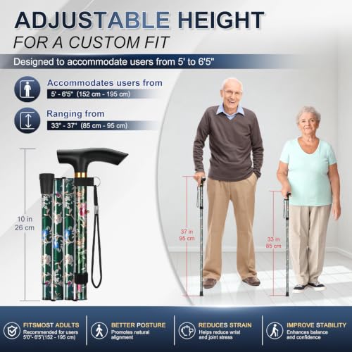 supregear Folding Cane, 5-Level Adjustable Height Walking Stick Lightweight Collapsible Portable Travel Cane with Wrist Strap and T Handle for Elderly Disabled Men Women - color: Green Floral