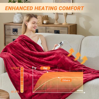Heated Blanket Electric Throw, 50"x60" Soft Flannel Heating Blanket with 8 Hours Auto Off 10 Fast Heating Levels Machine Washable Sherpa Heated Throw Blanket with Overheating Protection - color: Red, size: Throw(50" x 60")