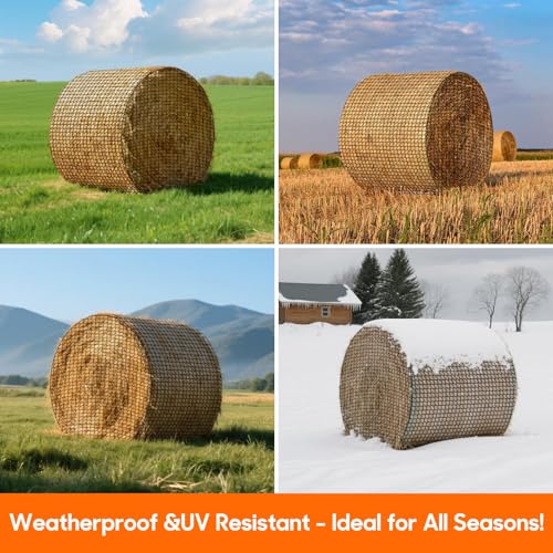 5 x 5 ft Round Bale Hay Net for Horses, with 20 Ropes Netting Comb Zip Tie - color: round