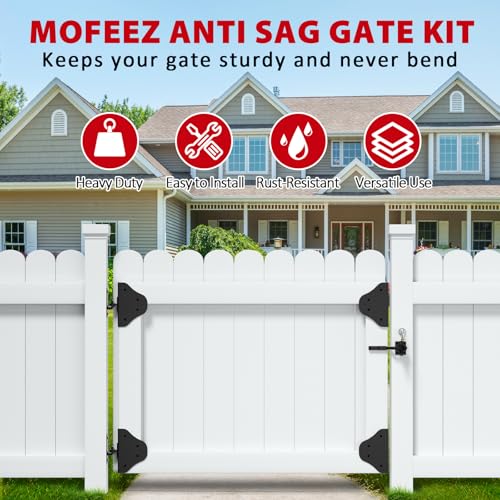 Mofeez Anti Sag Gate Kit Fence Gate Hardware - Heavy Duty 90 Degree Right Angle Hinges with Self-Locking Gate Latch & Corner Brace - for Wood Gates, Garden Fence (1 Set) - size: 1 Set