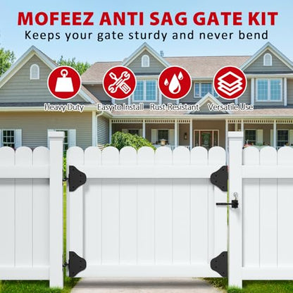 Mofeez Anti Sag Gate Kit Fence Gate Hardware - Heavy Duty 90 Degree Right Angle Hinges with Self-Locking Gate Latch & Corner Brace - for Wood Gates, Garden Fence (1 Set) - size: 1 Set