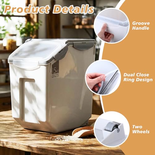 Umigy 4 Pack Rice Storage Container With Wheels Plastic Airtight Lid Flour Container Bin for Dog Pet Cereal Grain Dry Food, 15 Liter / 30 lbs (Gray) - color: Gray