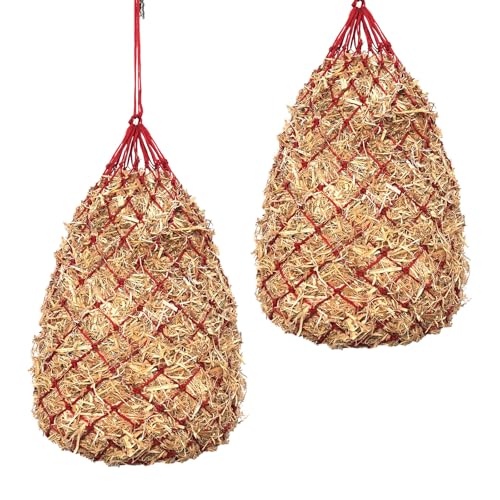 Slow Feed Hay Nets for Horses, 2 Pack, 40 Inch, 2 Inch Holes, Red - color: Red