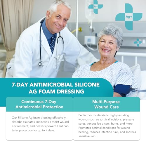 Silicone Foam Dressing Ag Sterile Wound Bandage with 7.08"x7.08" Waterproof Gentle Silicone Adhesive Border, Breathable Ultra Absorbent Pads (Pack of 5) - size: 7.08x7.08 Inch (Pack of 5)