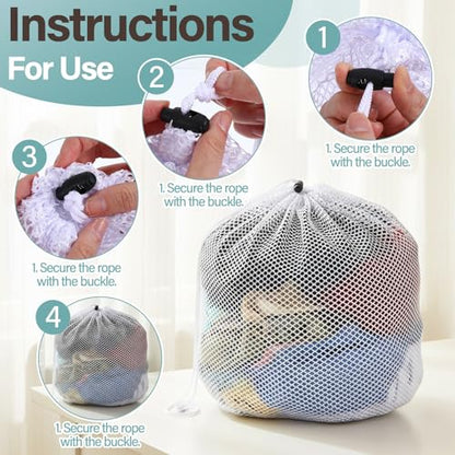 Small Laundry Bags Mesh for Delicates - White Polyester Wash Bags with Drawstring for Socks, Lingerie, Travel, Dorm, Machine Washable, 15.75×18.9 inches