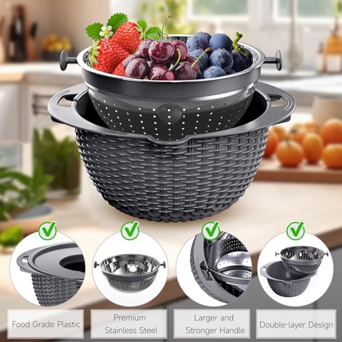 4-1 Colander with Lid Set - Rotatable Strainer With Bowl(Patented), Pasta Strainer with New Upgraded Graters, Strainer And Colanders, Fruit Cleaner, Veggie Wash, Apartment Kitchen Gadgets - Grey - color: Dark Gray