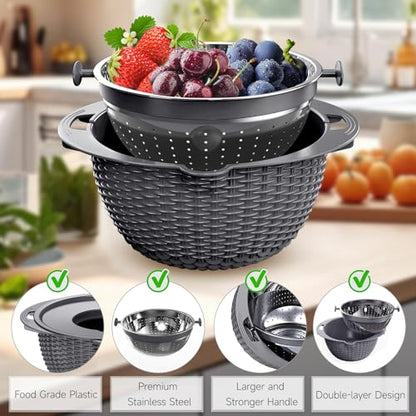 4-1 Colander with Lid Set - Rotatable Strainer With Bowl(Patented), Pasta Strainer with New Upgraded Graters, Strainer And Colanders, Fruit Cleaner, Veggie Wash, Apartment Kitchen Gadgets - Grey - color: Dark Gray