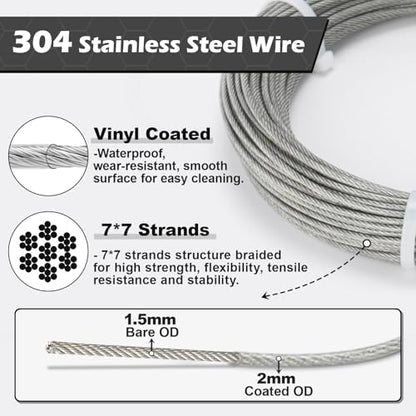 TooTaci Wire Trellis Kit, 50ft 1/16" Vinyl Coated Stainless Steel Wire Rope - style: 15M/2mm Stainless Steel Cable
