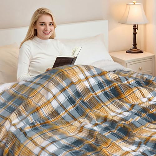 PU MEI Sherpa Blanket Queen Plaid Thick Bed Blanket, 80”*90” Super Soft Flannel Fuzzy Fleece Reversible Velvet Plush Warm Blanket for Couch (Blue Yellow Check) - color: Blue Yellow Check, size: 80"*90"