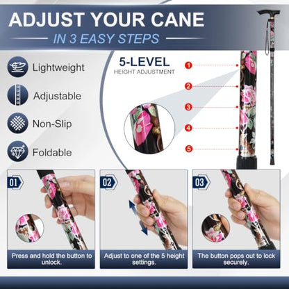 supregear Folding Cane, 5-Level Adjustable Height Walking Stick Lightweight Collapsible Portable Travel Cane with Wrist Strap and T Handle for Elderly Disabled Men Women - color: Black Floral