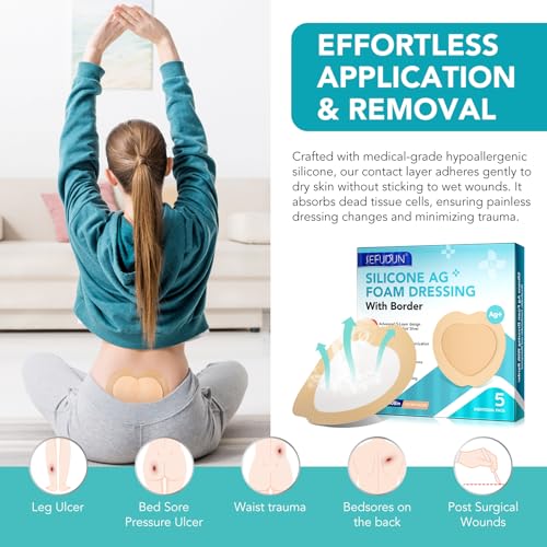 Silicone Foam Dressing Ag Sterile Wound Bandage with 7.08"x7.08" Waterproof Gentle Silicone Adhesive Border, Breathable Ultra Absorbent Pads (Pack of 5) - size: 7.08x7.08 Inch (Pack of 5)