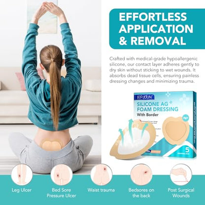 Silicone Foam Dressing Ag Sterile Wound Bandage with 7.08"x7.08" Waterproof Gentle Silicone Adhesive Border, Breathable Ultra Absorbent Pads (Pack of 5) - size: 7.08x7.08 Inch (Pack of 5)