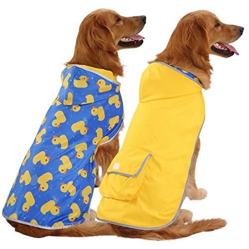 HDE 2-in-1 Reversible Dog Raincoat Hooded Poncho Rain Jacket YLW Duck L - color: Ducks / Yellow, size: Large
