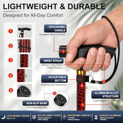 supregear Folding Cane, 5-Level Adjustable Height Walking Stick Lightweight Collapsible Portable Travel Cane with Wrist Strap and T Handle for Elderly Disabled Men Women - color: Leopard Red