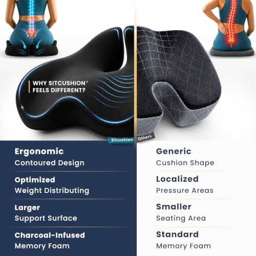 Pressure Relief Seat Cushion for Tailbone Pain, Sciatica & Coccyx Pillow | Extra Large Office Chair Cushion for Healthy Sitting Posture, Sciatica Pain Relief Pillow With Extra Cover (Black) - color: Black & Dark Gray