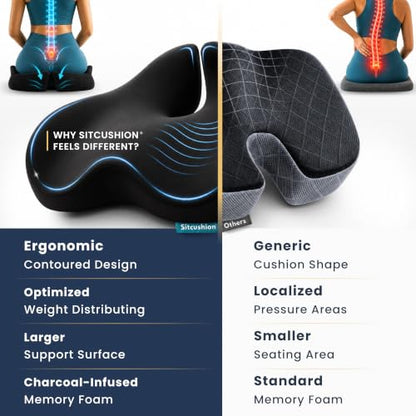 Pressure Relief Seat Cushion for Tailbone Pain, Sciatica & Coccyx Pillow | Extra Large Office Chair Cushion for Healthy Sitting Posture, Sciatica Pain Relief Pillow With Extra Cover (Black) - color: Black & Dark Gray