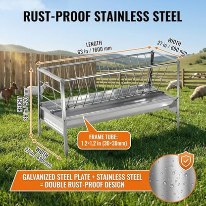 Goat Hay Feeder with Grain Water Pan, 94-Gallon Capacity|Stainless Steel Frame|Safe Rounded Edges, 63" Long Livestock Hay Rack for Goats, Sheep, Cow, Horse