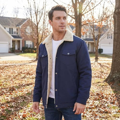 HOW'ON Men's Casual Sherpa Fleece Lined Jacket Warm Coat With Fur Collar - color: Dark Blue, size: Medium
